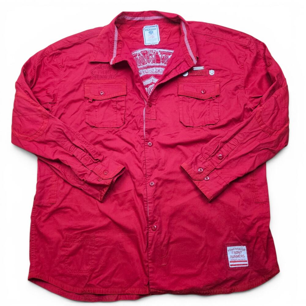 PARISH Embroidered Button Up Shirt Men's 4XL Y2K Red Utility Military Streetwear